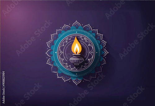 a lit diwali diya candle that is on a purple background surrounded by minimalist lines pattern photo