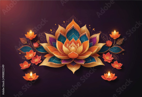 a diwali rangoli flower design with a lotus flower on it surrounded by diya oil candles and pattern