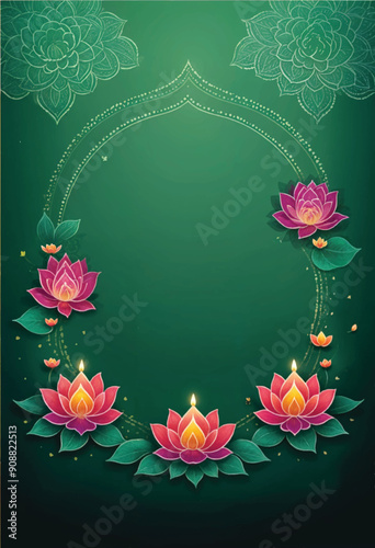 a poster for a diwali with an elegant frame surrounded by lotus flowers and diya oil candles
