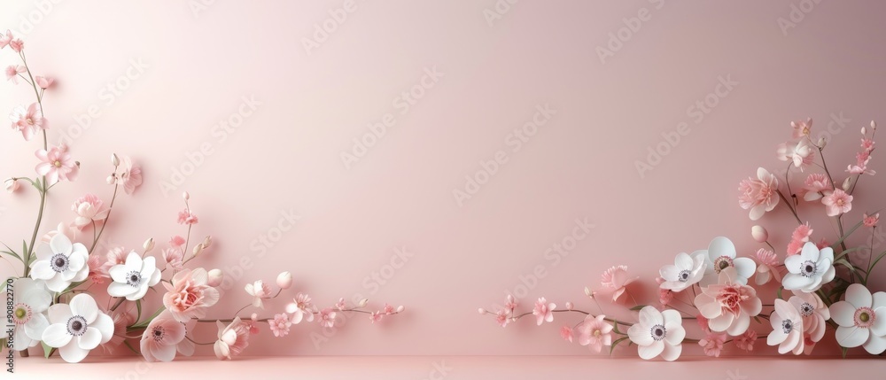 Delicate pink floral arrangement with white blossoms, perfect for adding a touch of elegance to any project or design. Delicate pink floral arrangement with white blossoms, perfect for adding a touch of elegance to any project or design.