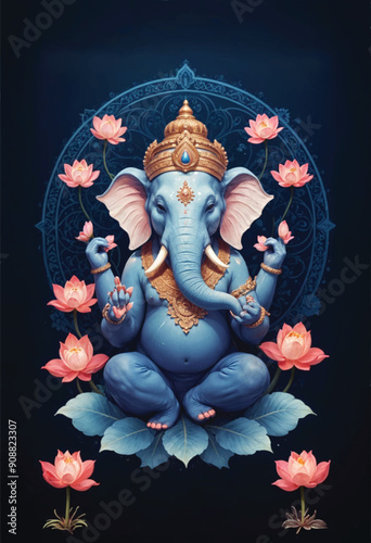 a painting of a ganesh idol sitting on the lotus flower surrounded by decorated lotus flowers