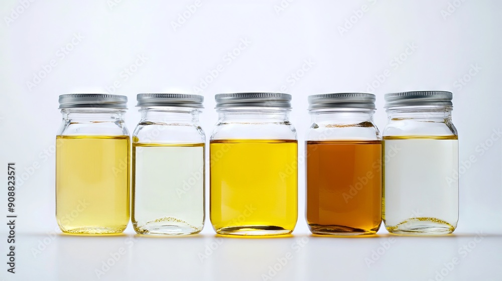 A row of four glass jars filled with different types of oil A row of four glass jars filled with different types of oil