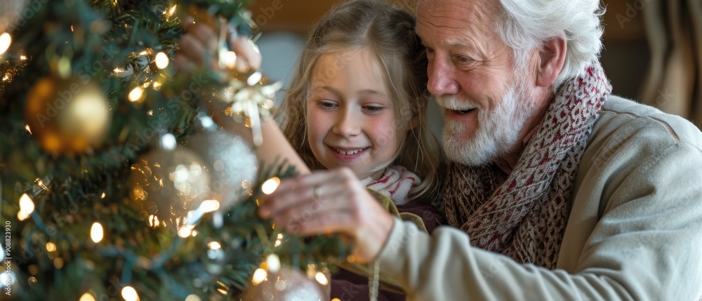 A joyous moment of a grandfather and his granddaughter decorating a Christmas tree together, surrounded by festive lights and ornaments. A joyous moment of a grandfather and his granddaughter decorating a Christmas tree together, surrounded by festive lights and ornaments.