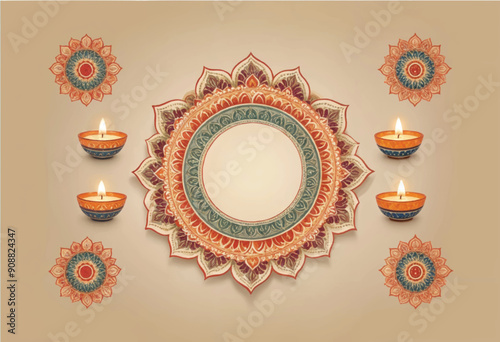 a circle of stylized diya oil candles with a circle of diwali rangoli decorative design