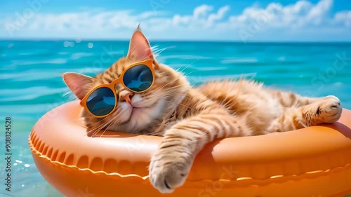 Sunny Cat Sea Nap on the rubber ring - funny cat