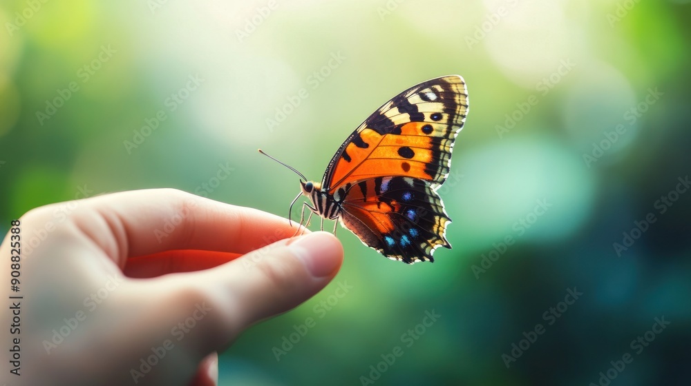 Fototapeta premium Butterfly on a Fingertip in Nature's Embrace