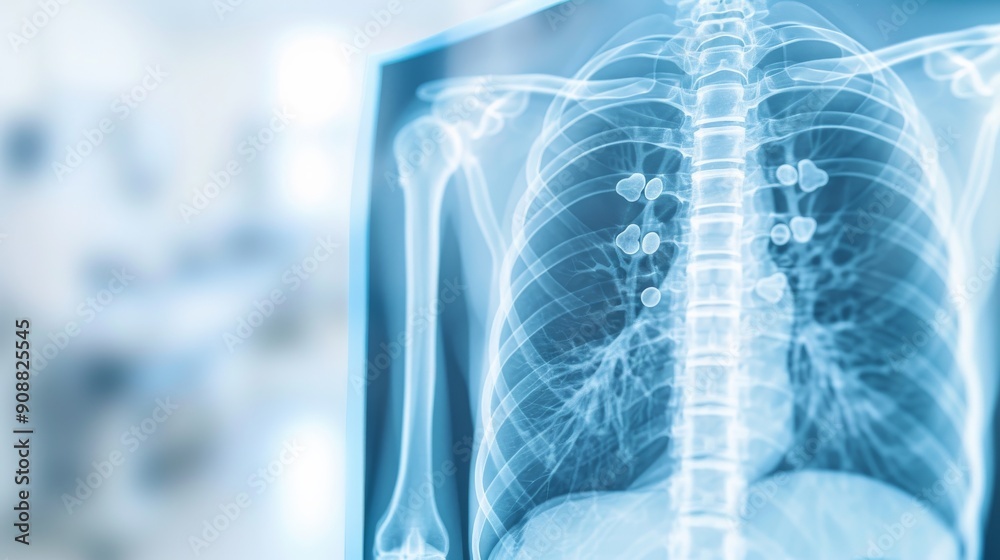 Detailed X-ray image of human chest highlighting lungs, ribs, and spine for educational and medical purposes. Detailed X-ray image of human chest highlighting lungs, ribs, and spine for educational and medical purposes.