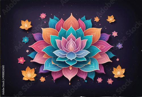 a colorful diwali mandala design with a lotus flower on it and colorful lotus flowers and diyas