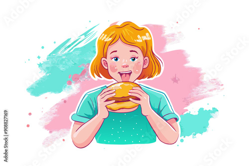 Young Girl Enjoying a Delicious Burger with Colorful Background