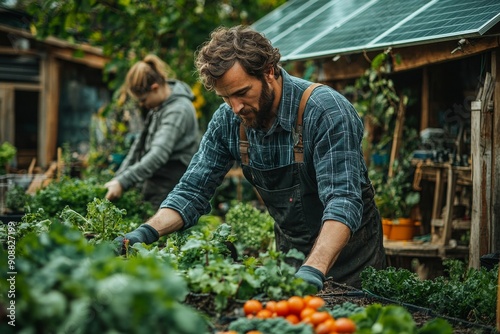 A sustainable living scene, featuring a family tending to their vegetable garden. Generative AI