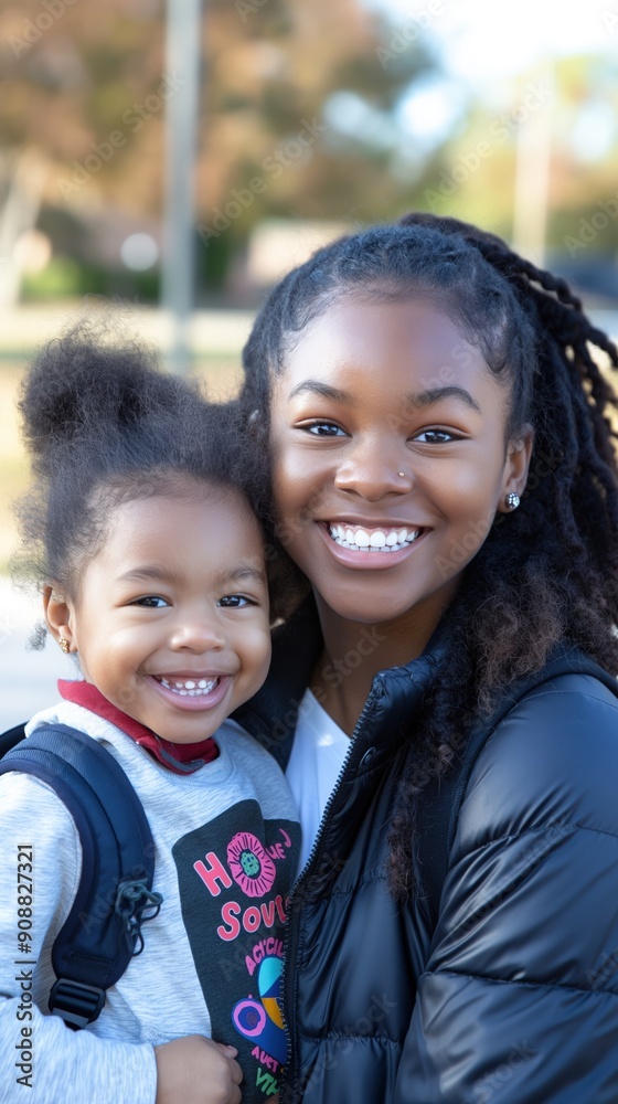 A joyful older sister walks with her younger sibling on their way to school A joyful older sister walks with her younger sibling on their way to school