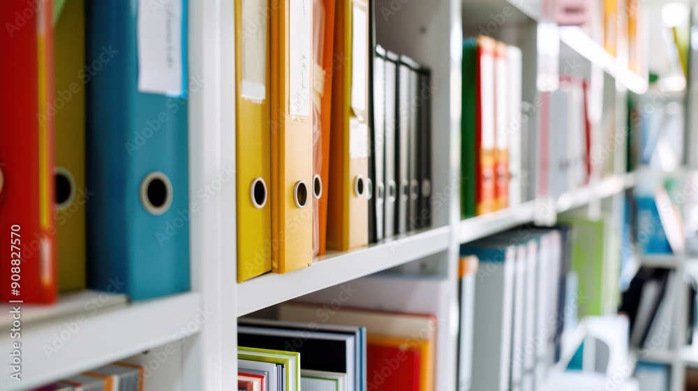 Close-up of neatly organized office shelves filled with documents and binders in a bright, modern office. Minimalist office design, showing well-organized files and folders