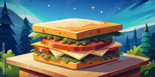 Vibrant Illustrated Sandwich on Wooden Board in Nature at Nighttime