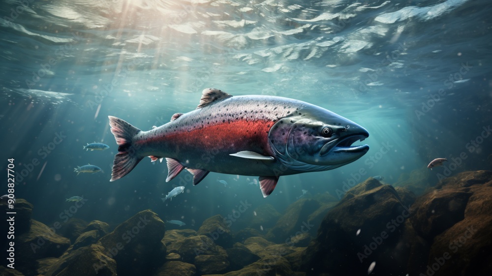 Fototapeta premium The salmon fish moves swiftly in the underwater sea environment photo