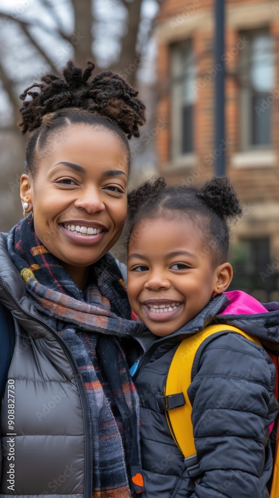 A Black mother and daughter walk happily together on their way to school A Black mother and daughter walk happily together on their way to school