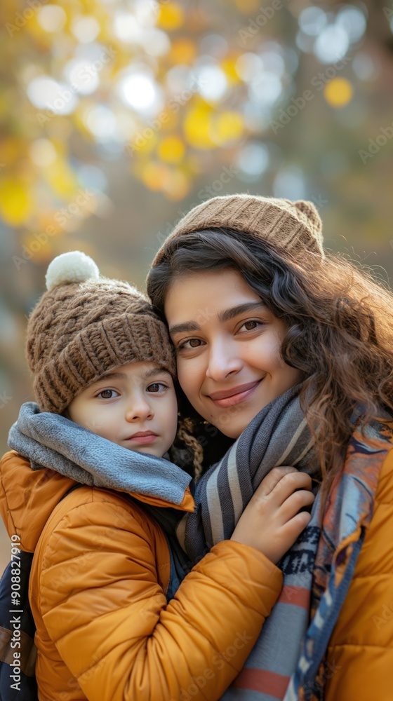A mother and child enjoy a refreshing walk to school in autumn A mother and child enjoy a refreshing walk to school in autumn
