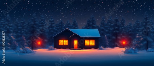 Wallpaper Mural A cozy winter cabin nestled in a snowy forest, glowing warmly under a starlit sky, perfect for seasonal imagery. Torontodigital.ca
