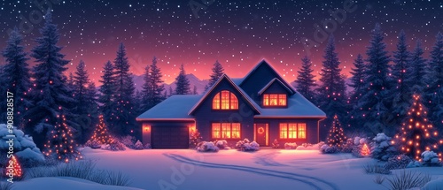 A cozy winter house illuminated by warm lights, surrounded by snow-covered trees and festive decorations, creating a magical holiday scene. photo