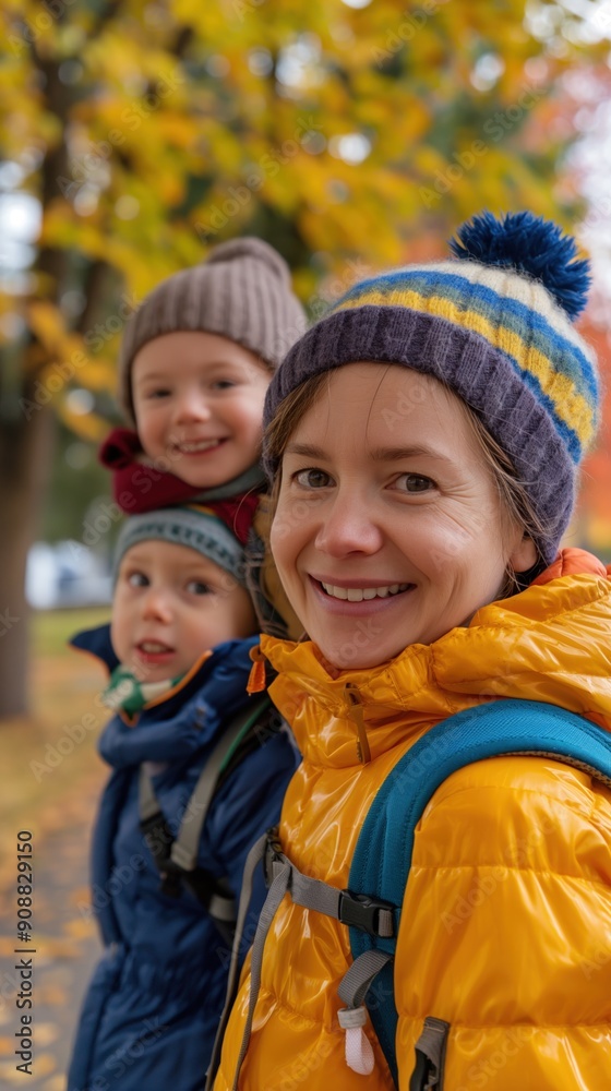 A mother and her two children walk happily along a tree-lined path A mother and her two children walk happily along a tree-lined path