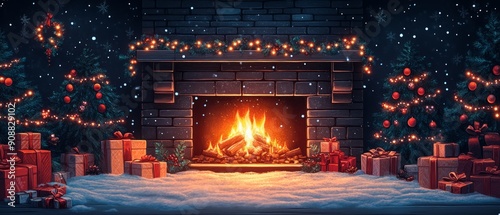 A cozy winter scene featuring a warm fireplace, festive decorations, and presents, perfect for holiday celebrations. photo