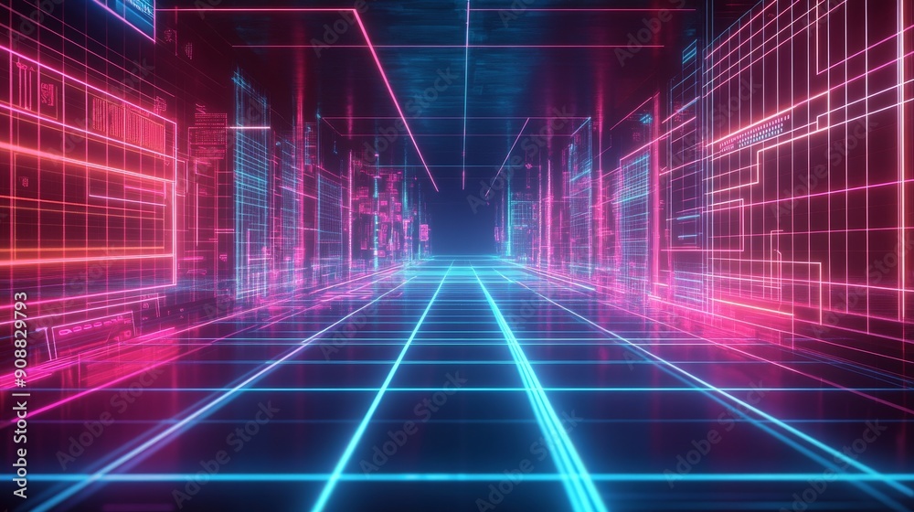 Futuristic Neon Cityscape with Pink and Blue Glow Futuristic Neon Cityscape with Pink and Blue Glow