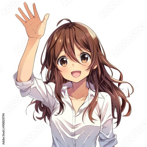 This delightful anime girl has large eyes, brown hair, and a joyful smile, dressed in a white shirt on a light backdrop.