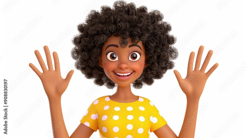 A joyful 3D cartoon character of a young black woman, smiling brightly against a clean white backdrop, showcasing modern art. A joyful 3D cartoon character of a young black woman, smiling brightly against a clean white backdrop, showcasing modern art.