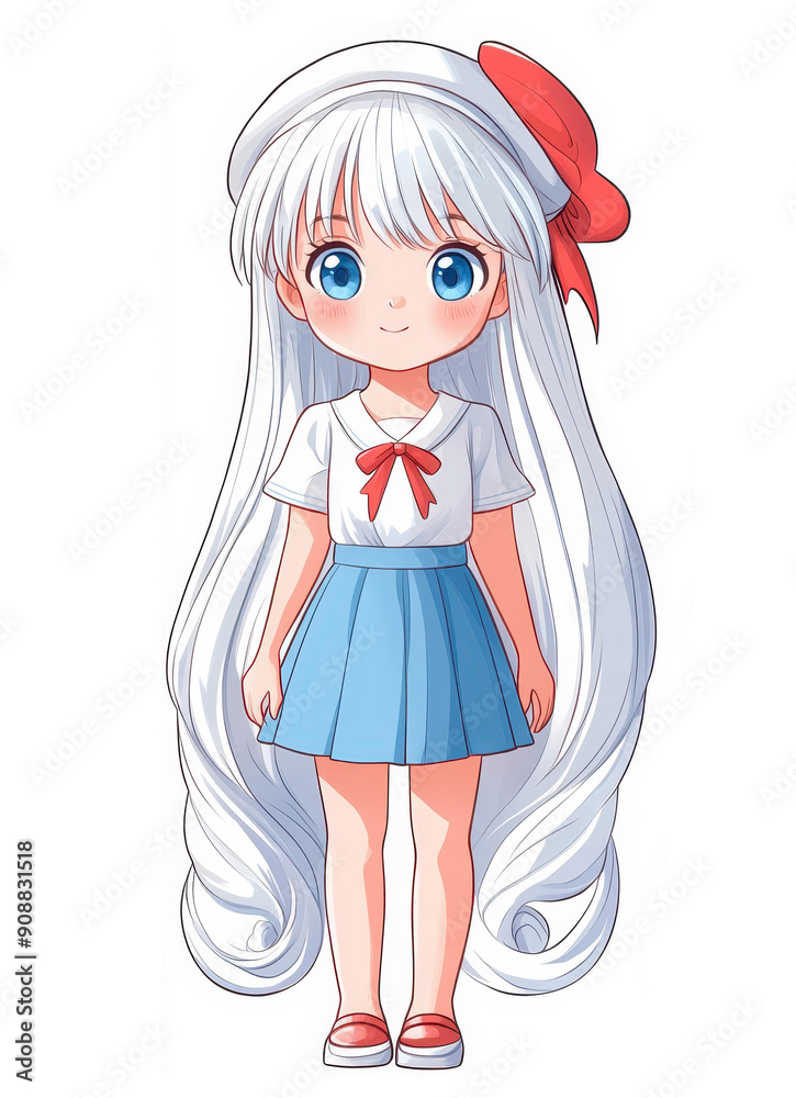 Fototapeta premium A cute little girl in a sailors dress with long white hair and blue eyes, showcased in vibrant pixel art against a pink backdrop.