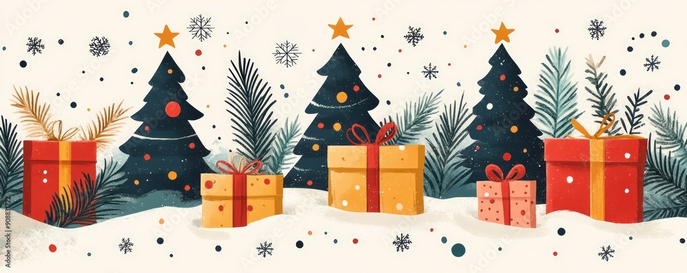 A festive featuring colorful gifts and Christmas trees, perfect for holiday celebrations and seasonal decorations. A festive featuring colorful gifts and Christmas trees, perfect for holiday celebrations and seasonal decorations.