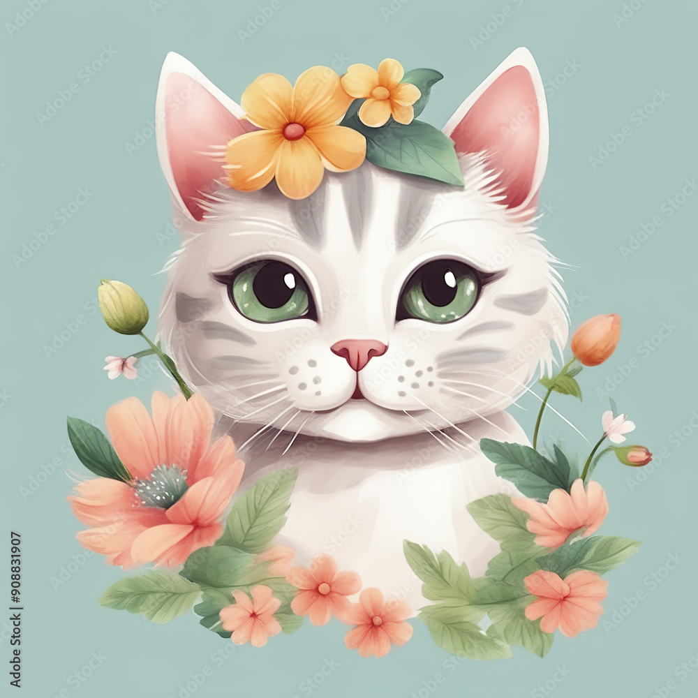 Cat with pink and yellow flowers Cat with pink and yellow flowers