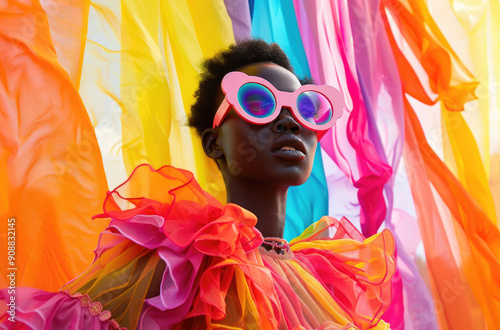 an eccentric woman wearing bold colorful makeup, large round sunglasses and a frill neck top with flowing ruffles photo