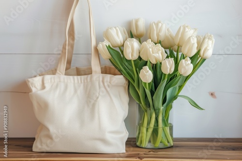 Simple white blank tote bag mock up for etsy store, spring vibes, spring flowers 