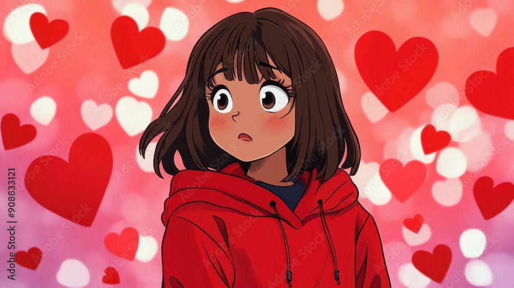 Adorable chibi character brings a cute charm to your Valentines Day with hearts and vibrant colors in a modern style.
