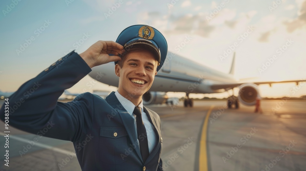 Photo of cheerful young airline staff touching the captain's hat and smiling while standing at the airport with airplanes in the background. Photo of cheerful young airline staff touching the captain's hat and smiling while standing at the airport with airplanes in the background.