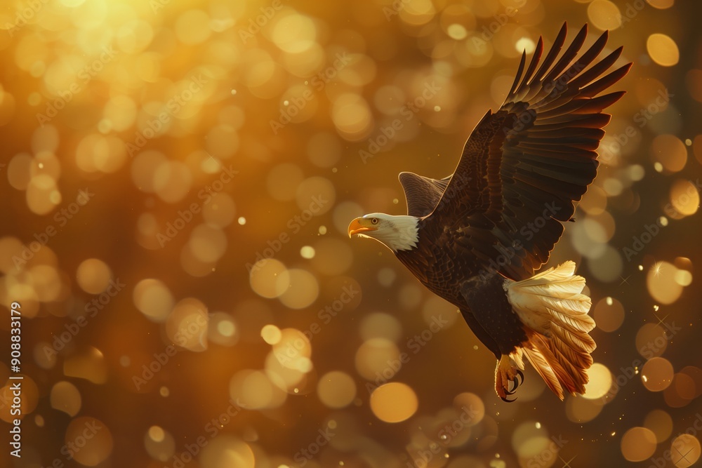 Fototapeta premium Eagle With American Flag Flies In The Sky With Blurred Bokeh And Sunlight Effect - Independence Day