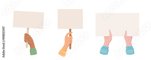 Hand holds demonstration sign template collection, woman hold isolated blank empowerment signboard, character show up support board, human parade strike flag, person raise protest placard,
