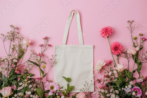 Simple white blank tote bag mock up for etsy store, spring vibes, spring flowers 
