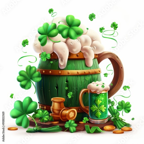Festive St. Patrick's Day beer barrel with clovers, beer mug, and gold coins. Green Irish celebration theme.