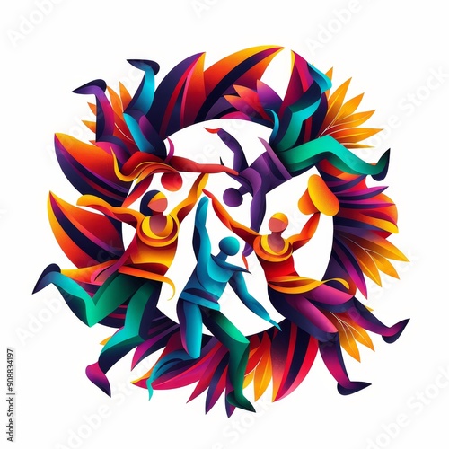 Vibrant abstract illustration of dancing figures in a circular formation, embodying joy and movement with vivid colors and dynamic shapes.