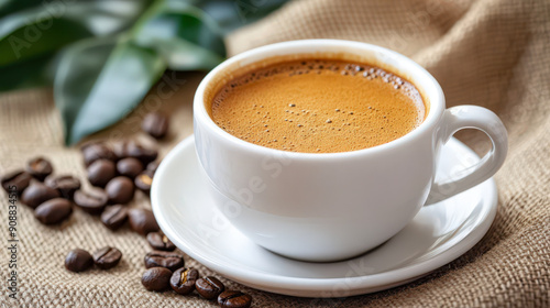 A white coffee cup with a brown liquid in it sits on a white plate