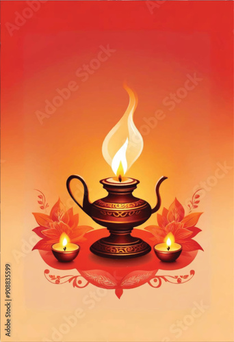 a poster for diwali with diya oil lamp and candles are liit up on it with decorative lotus flower photo