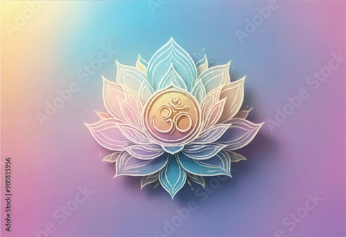 a colorful diwali greeting card design with om symbol and lotus flower shape on colorful background