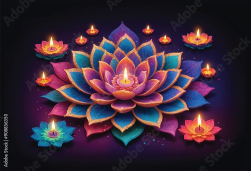 a colorful diwali rangoli design with a lotus flower on it and diya candles