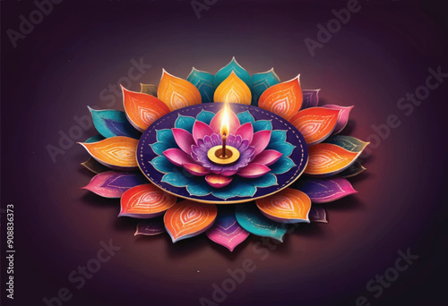a diya candle that is lit in the middle of a colorful diwali rangoli lotus flower