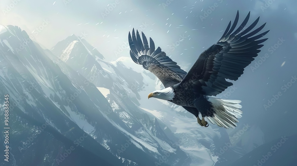 Majestic eagle soaring over snow-capped mountains, capturing the essence of freedom and nature's beauty.