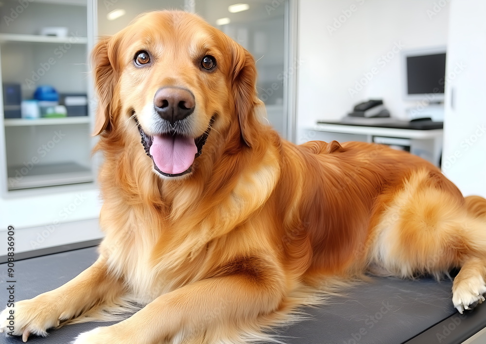Labrador Retriever lying on the table in the clinic, veterinary medicine, domestic animals Labrador Retriever lying on the table in the clinic, veterinary medicine, domestic animals