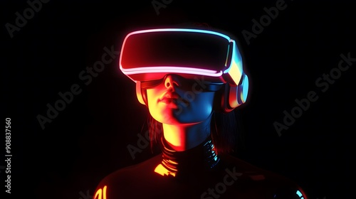 Person Using VR with Neon Lights on a Black Background photo