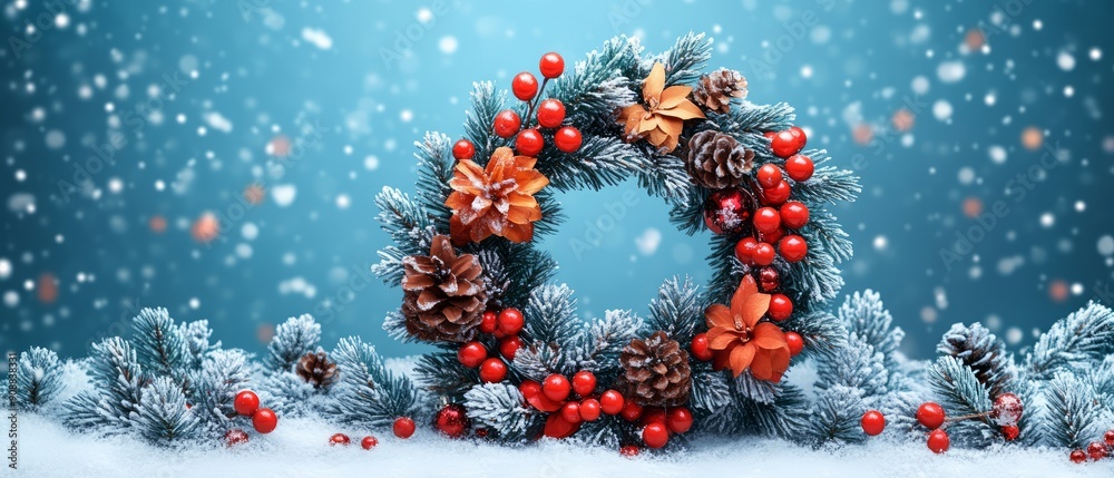 Beautiful Christmas wreath adorned with pinecones, red berries, and festive decorations, set against a snowy backdrop. Beautiful Christmas wreath adorned with pinecones, red berries, and festive decorations, set against a snowy backdrop.