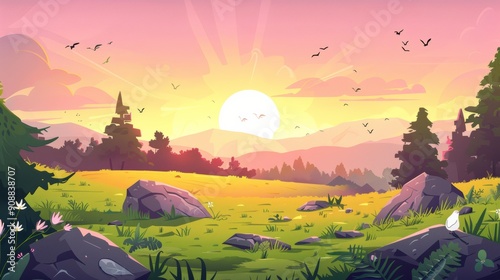 Early morning nature landscape photo with sunrise over green meadow, pine trees and rocks under pink sky with birds flying around. Landscape background, summer or spring meadow. Vector illustration.