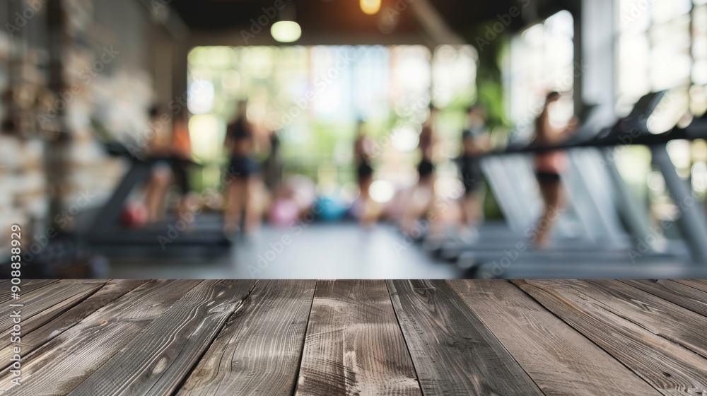 Wooden Tabletop with Blurred Background of People Exercising on Treadmills in a Gym